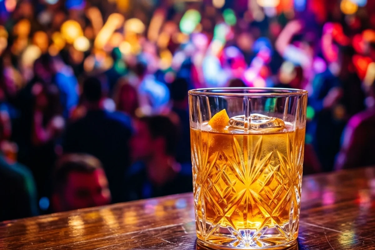 A dim cocktail party with one face in focus while everything else blurs