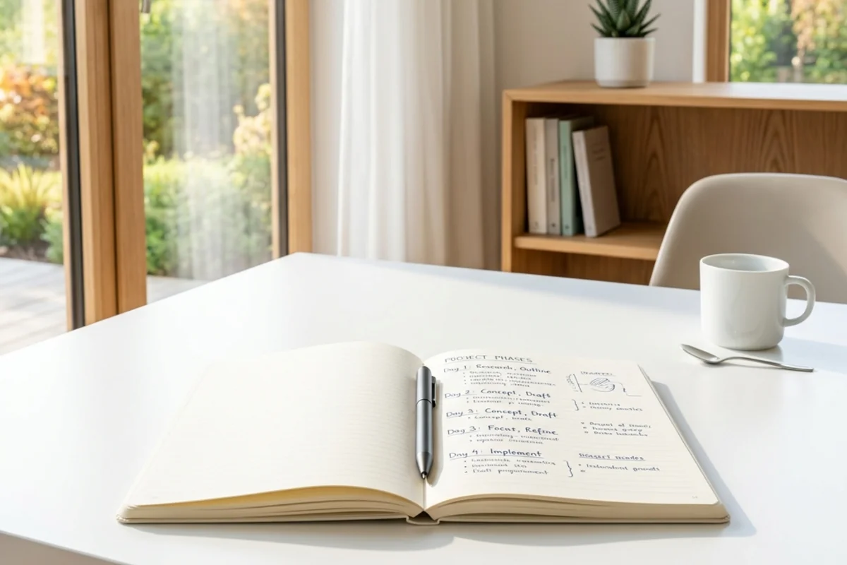 A clean orderly desk with one task in progress, soft natural light through the window