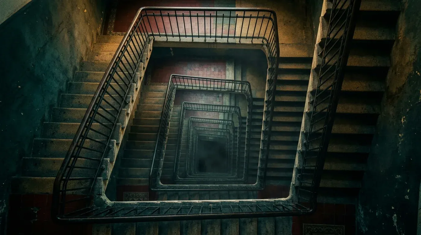 A stairwell descending through identical floors