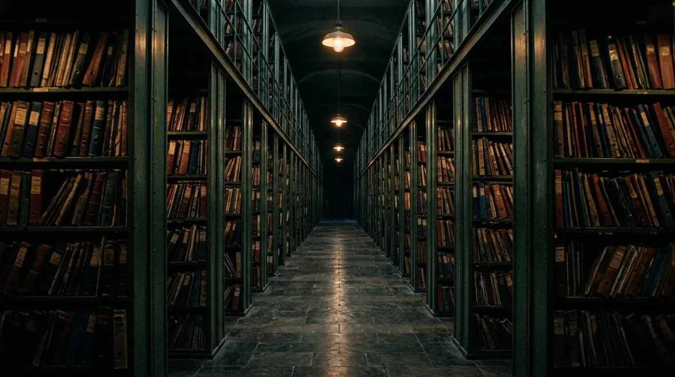 A filing hall receding into darkness