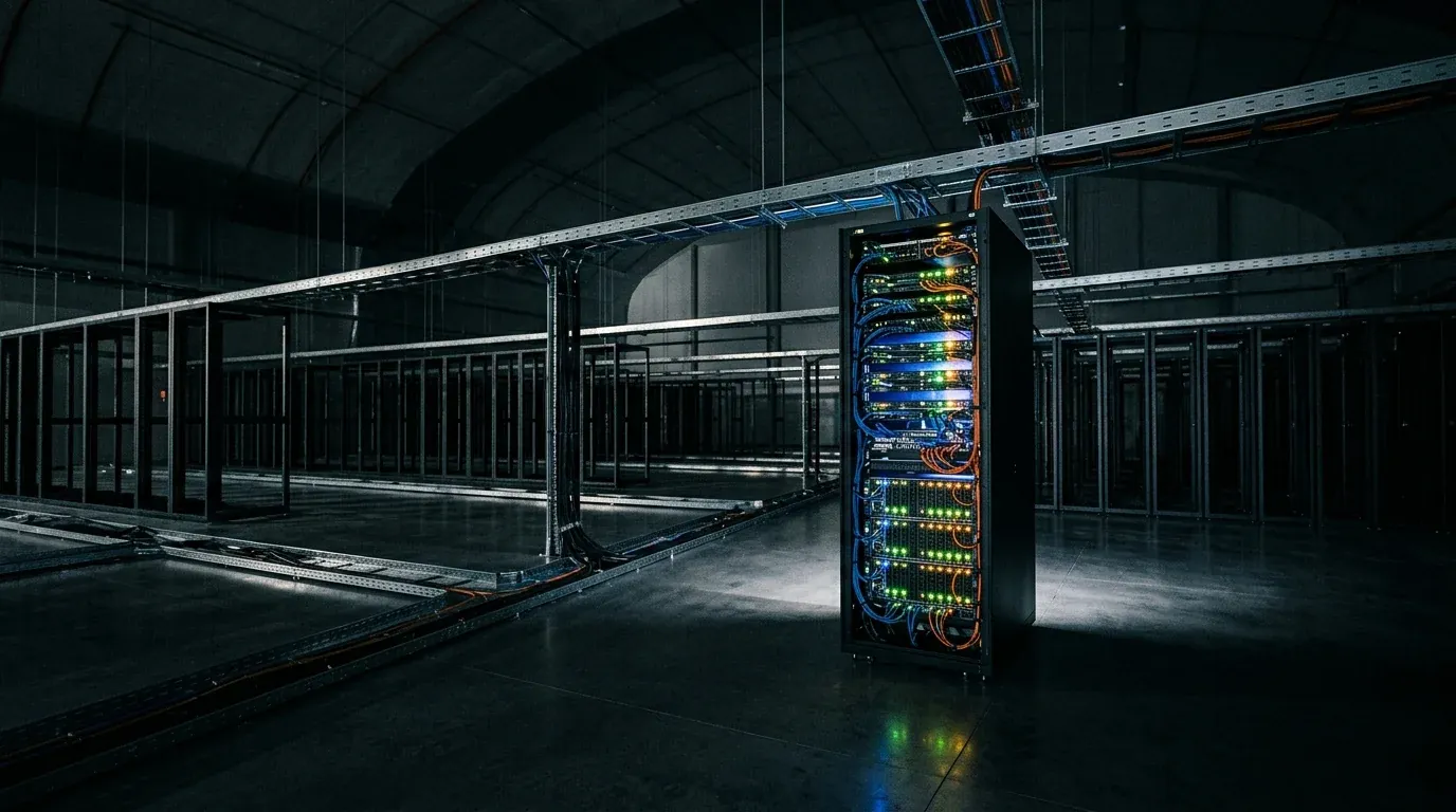 One glowing server rack in an empty data hall