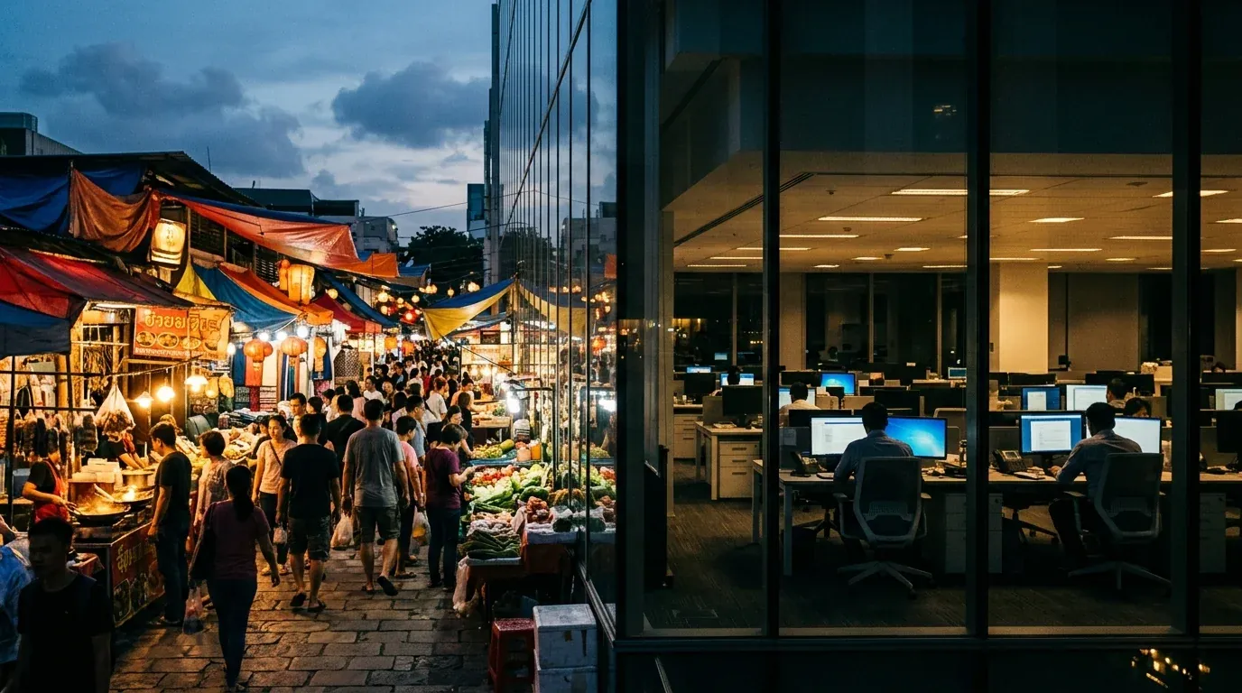 A market and an office floor separated by glass