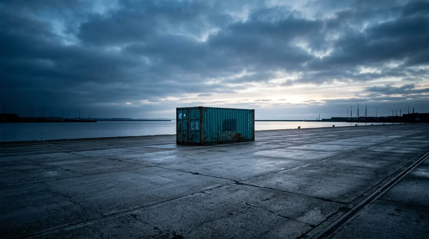 One container alone on an empty quay