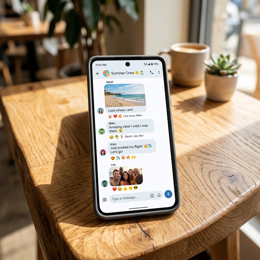 A smartphone showing a colourful messaging app with emoji reactions on a sunlit surface