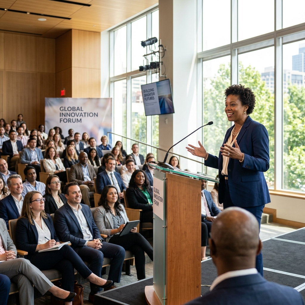 A speaker addressing an attentive audience in a bright modern auditorium