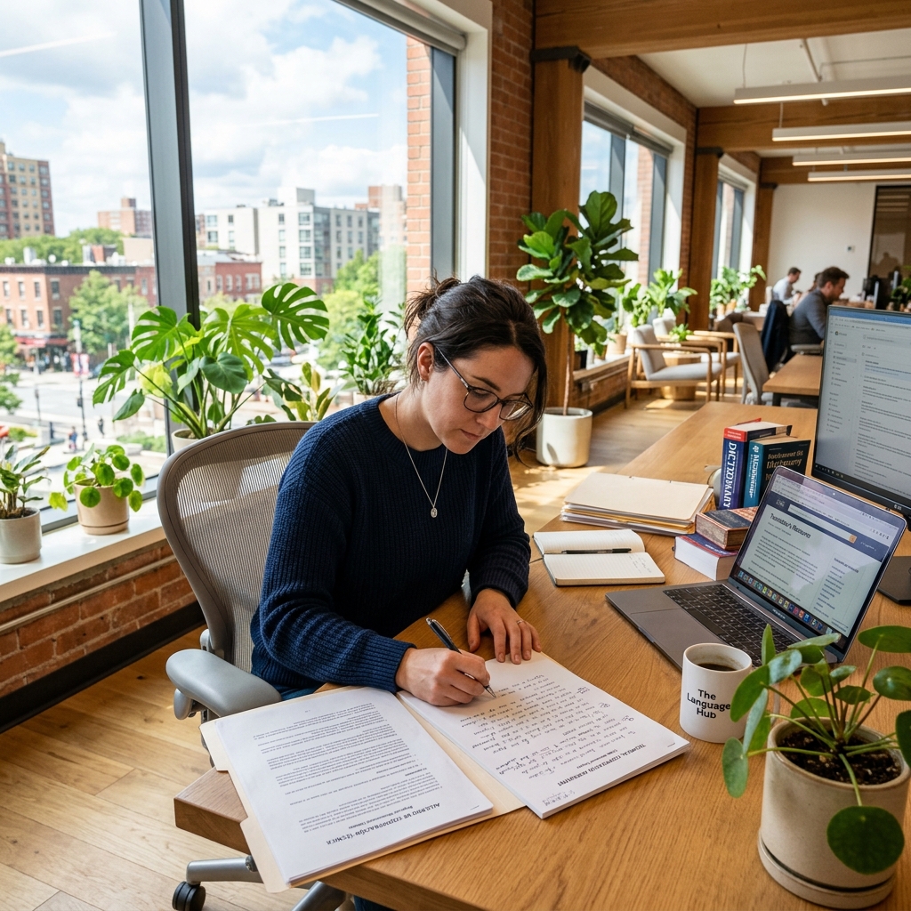 A translator working with documents in different languages at a sunlit desk
