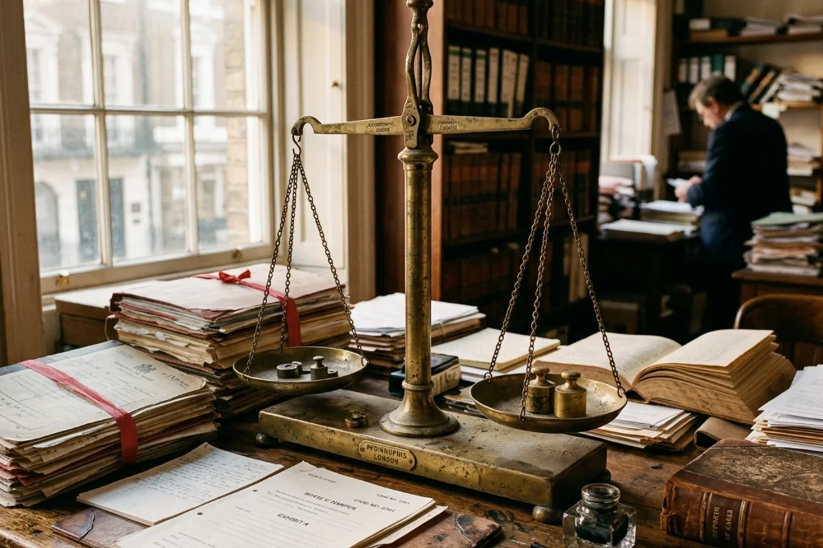 A weathered stone scale of justice in soft side light