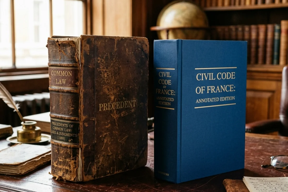 Two old law books, one bound in red leather and one in blue, sitting on a wooden table