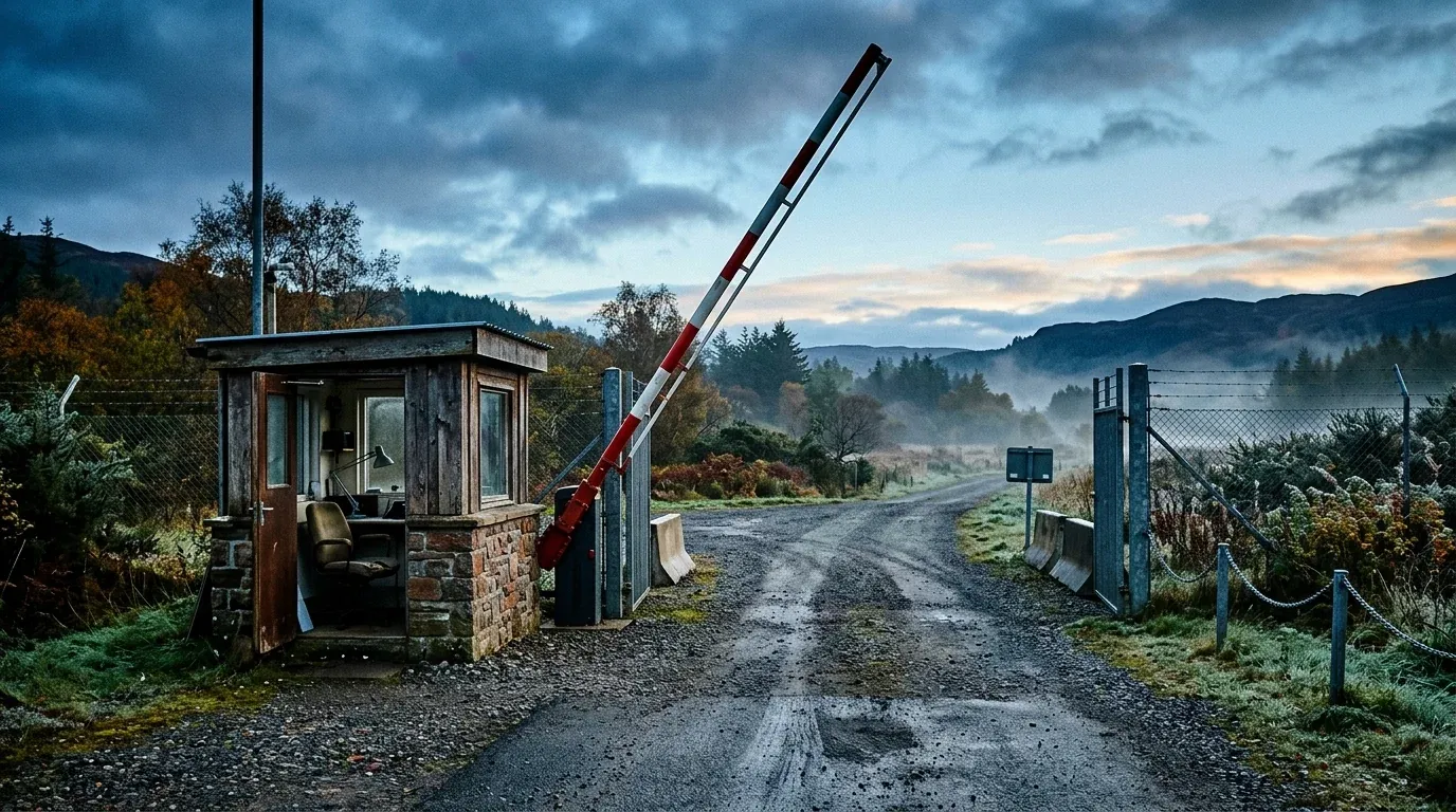 An unstaffed sentry post at an open gate
