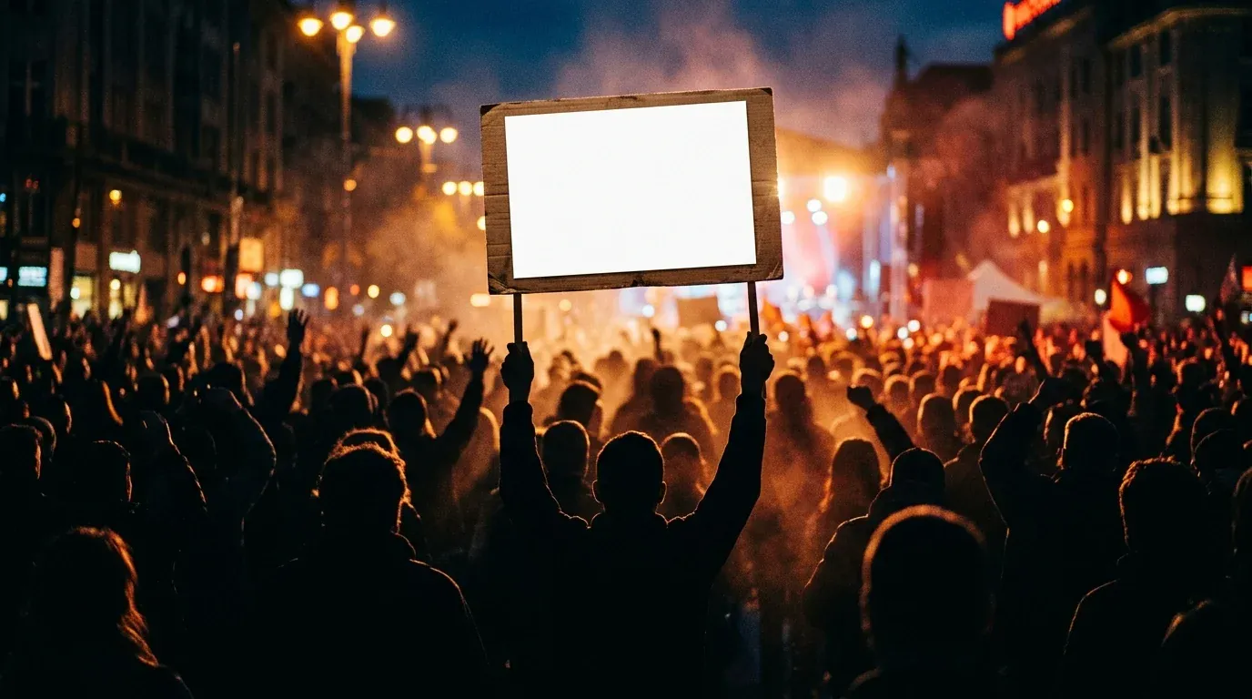 A blank placard raised above a silhouetted crowd
