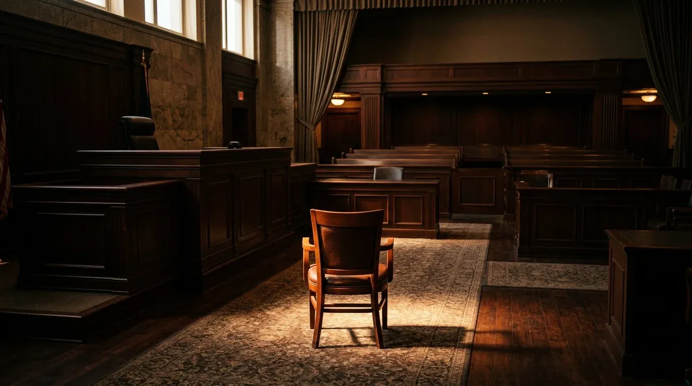 An empty hearing room with one chair facing the bench