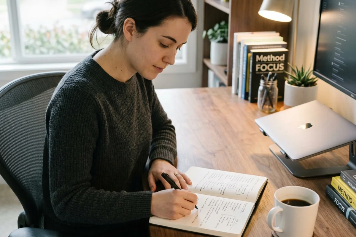 An open notebook beside a cup of coffee in warm morning light