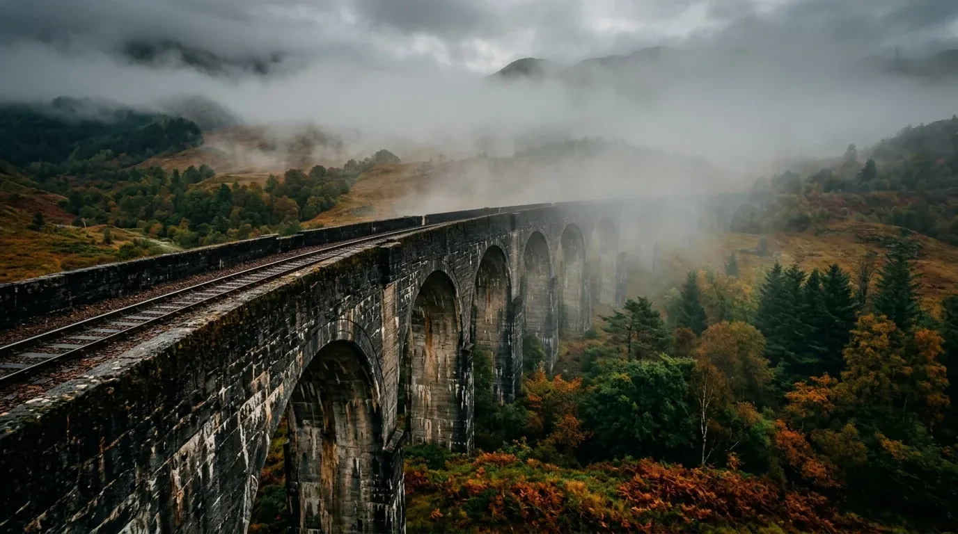 A bridge whose far end is lost in fog