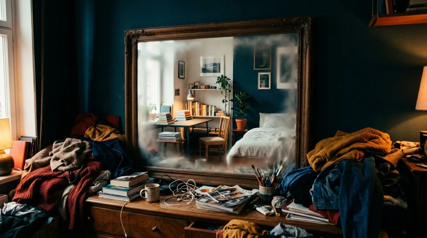 A mirror reflecting only the tidy half of a room