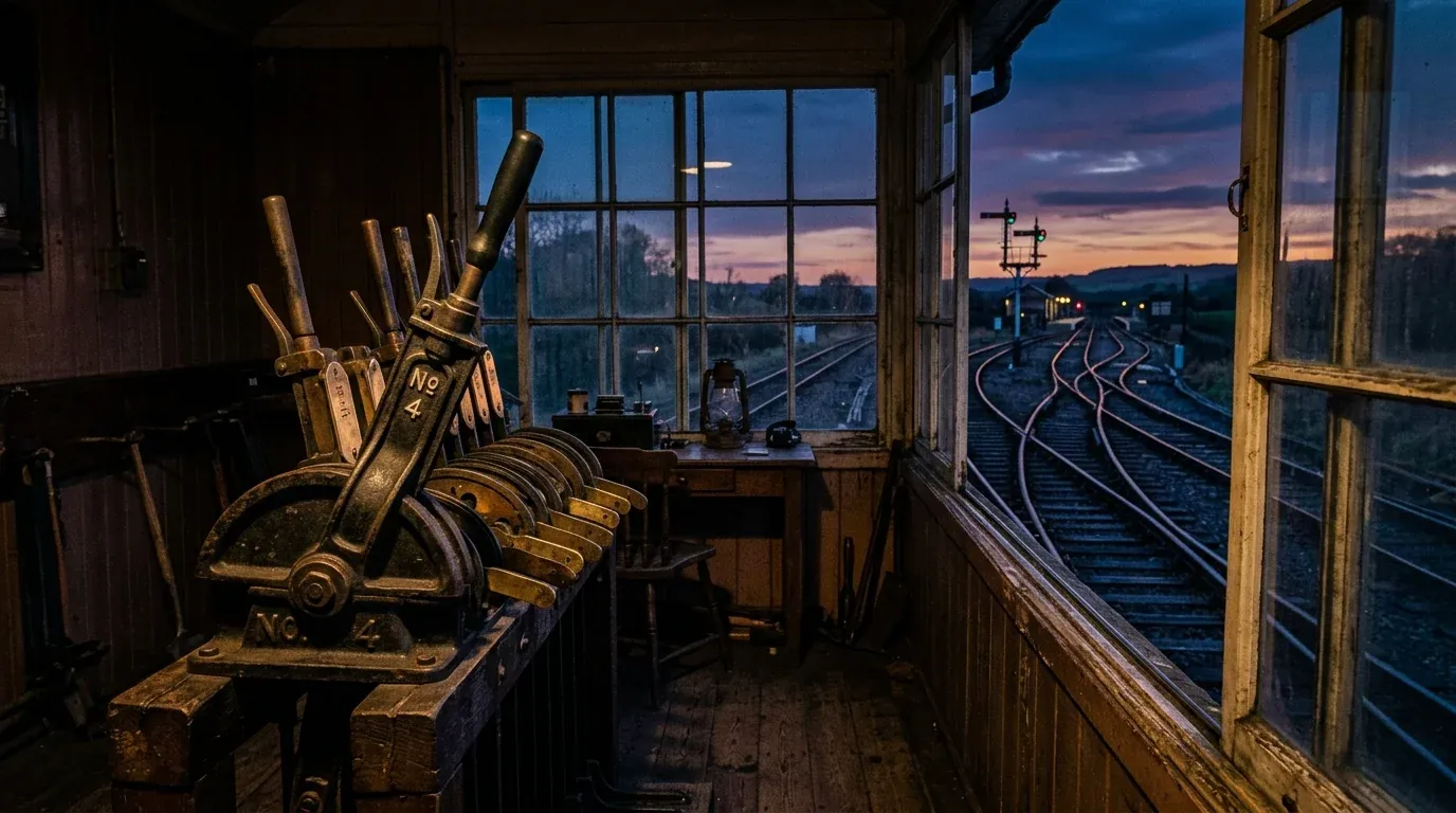 A railway switch lever in an empty signal box