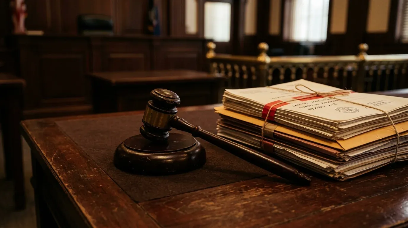A gavel at rest beside unopened papers