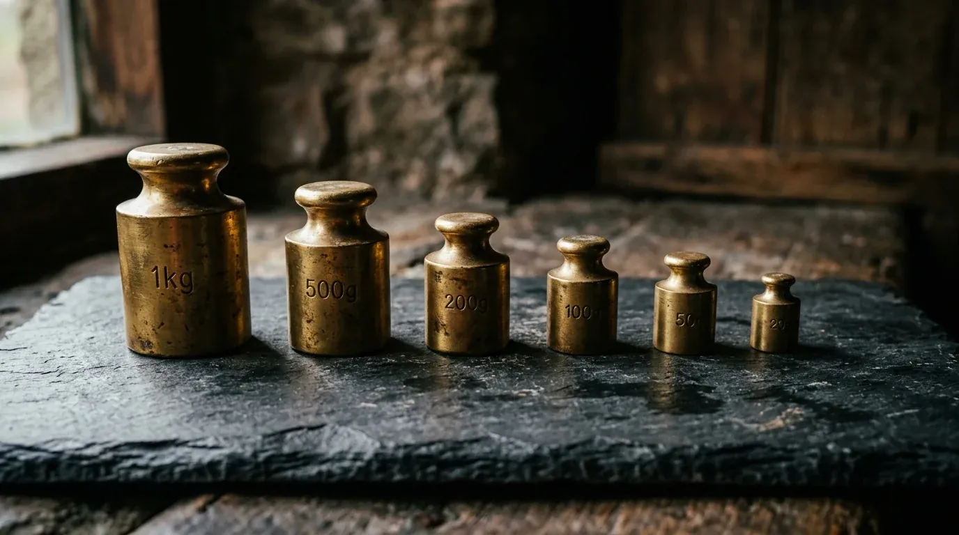 Six brass weights of different sizes in a row