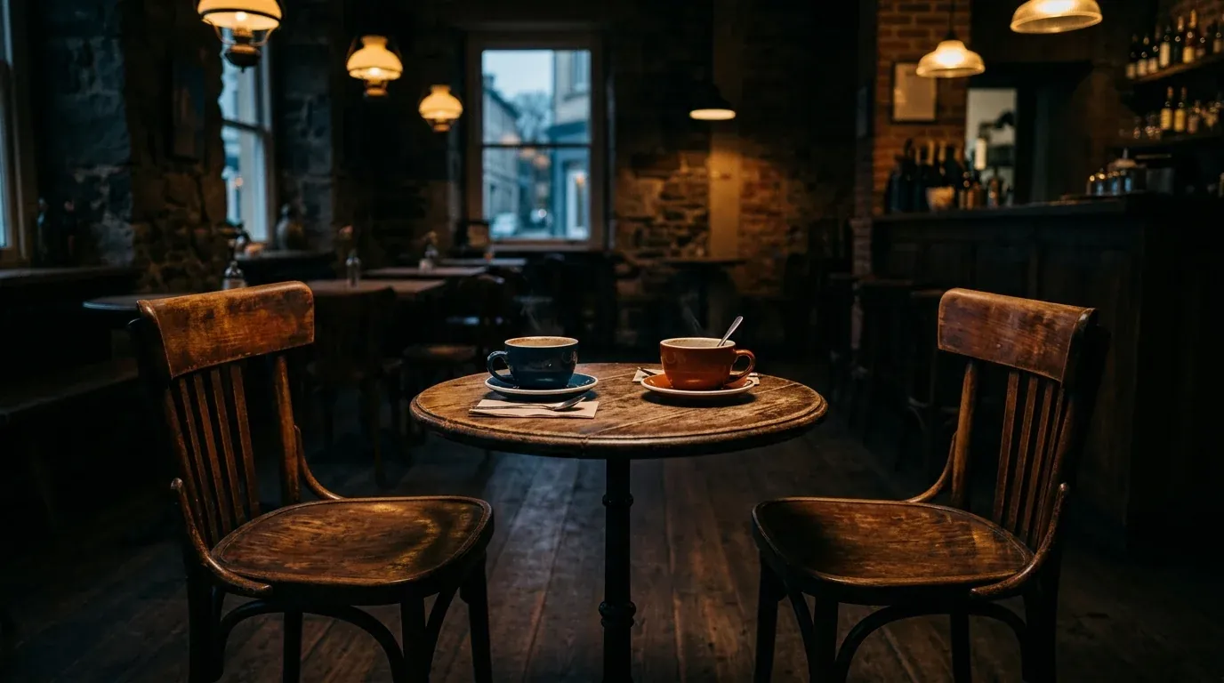 Two chairs turned toward each other at a café table