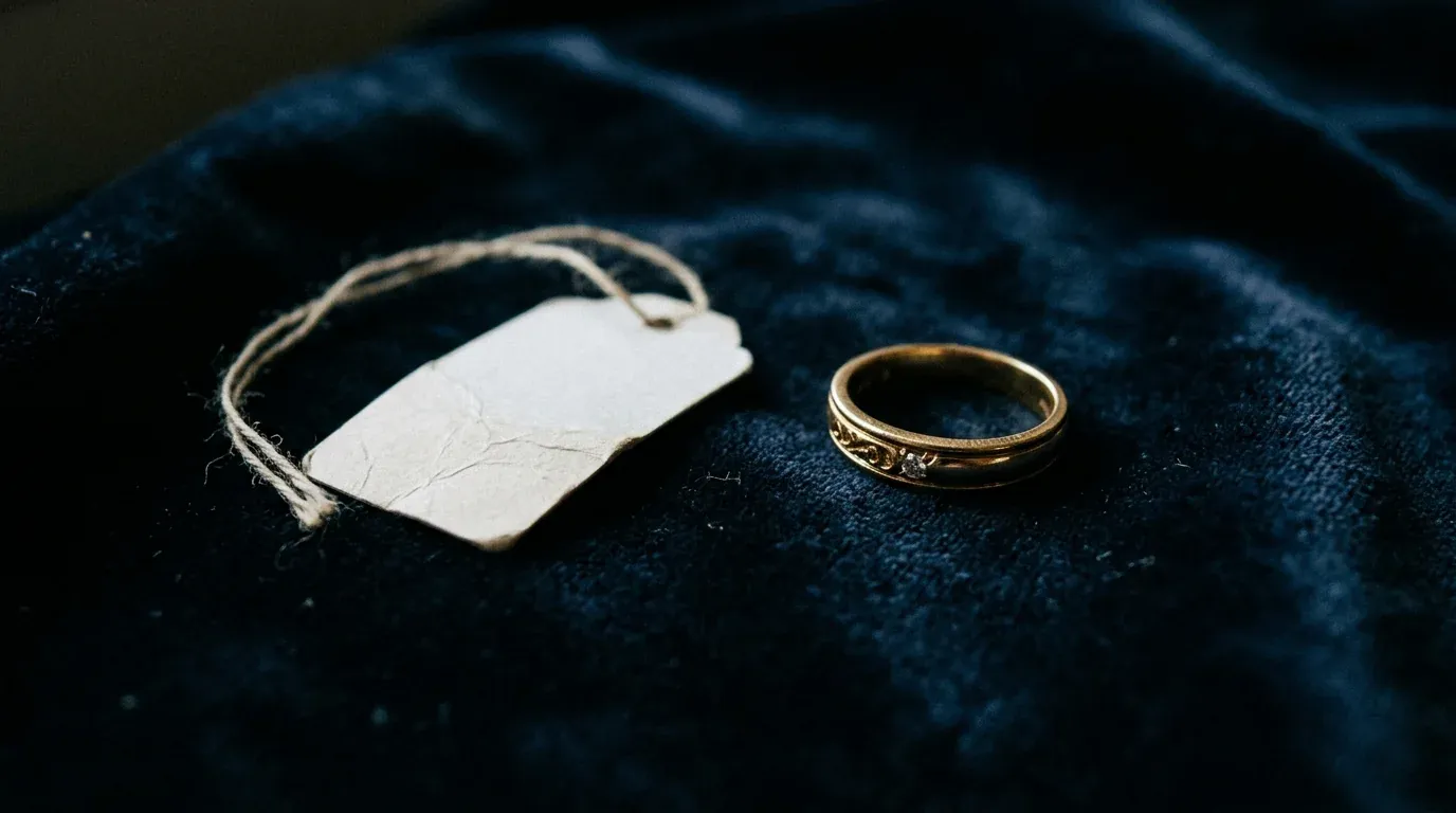 A face-down price tag beside a ring
