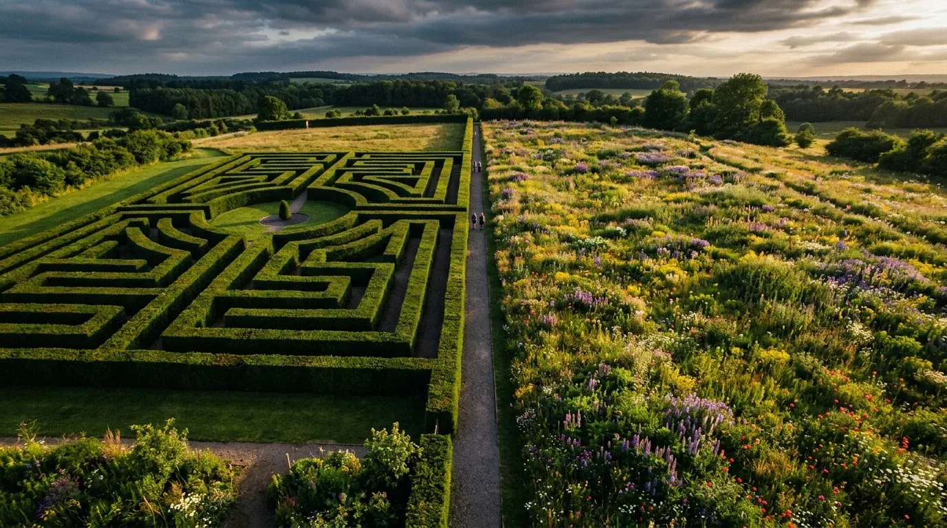 A clipped hedge maze beside wild meadow