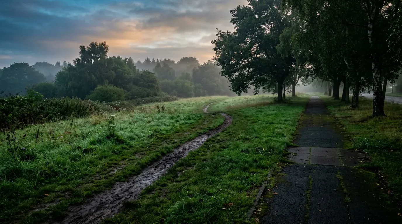 A worn path across grass beside an unused paved walkway