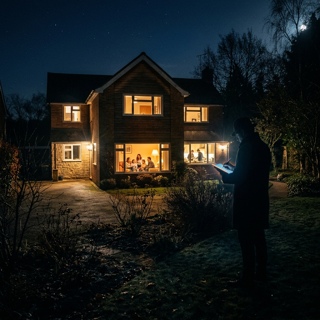 A warmly lit family house at night seen from a dark garden, every room visible through the windows, and in the foreground the faint silhouette of a tall observer standing outside in the cold, taking notes