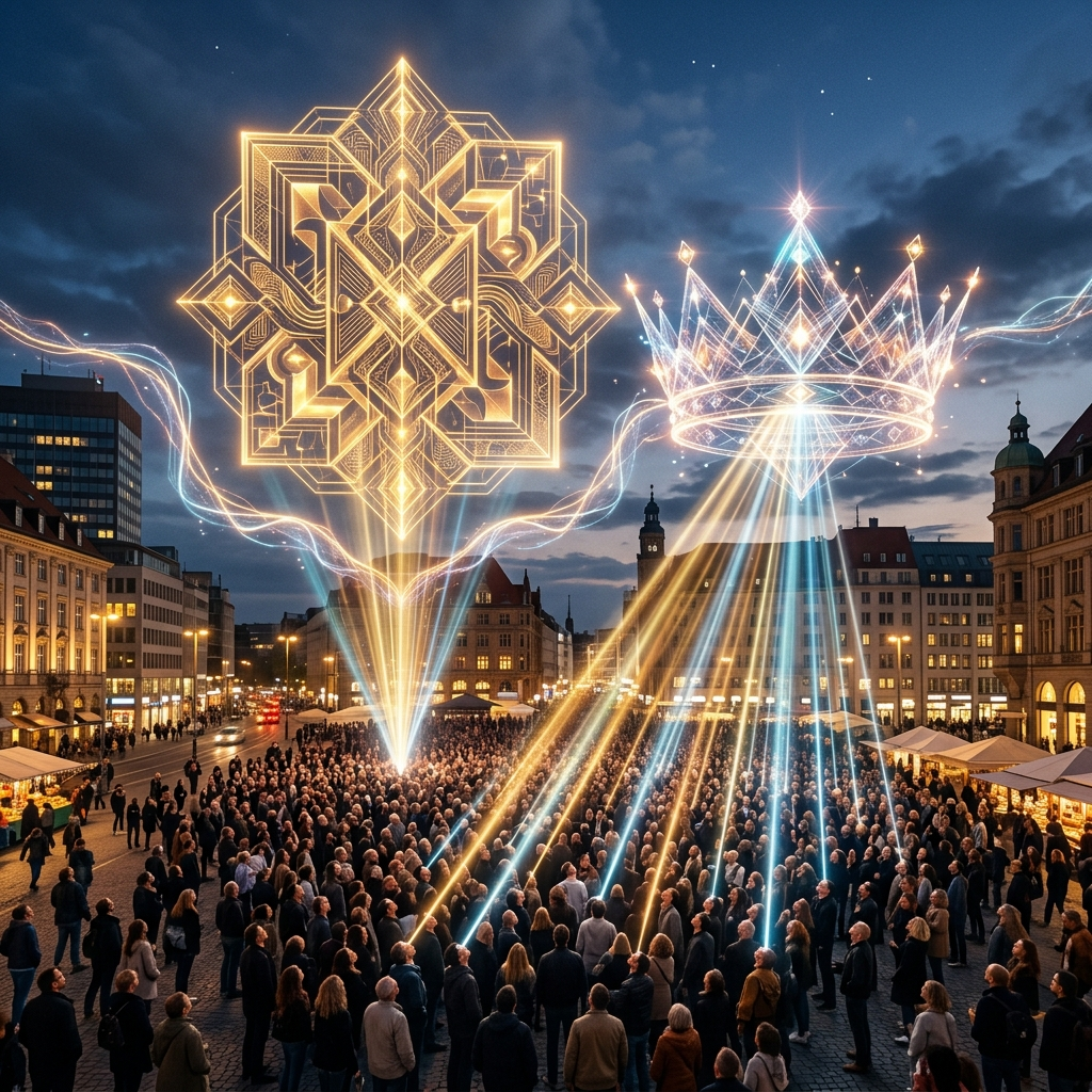 A city square at dusk where banknotes, border lines, crowns and corporate seals hover as huge translucent holograms, each one visibly sustained by converging beams of gaze from the crowd standing beneath