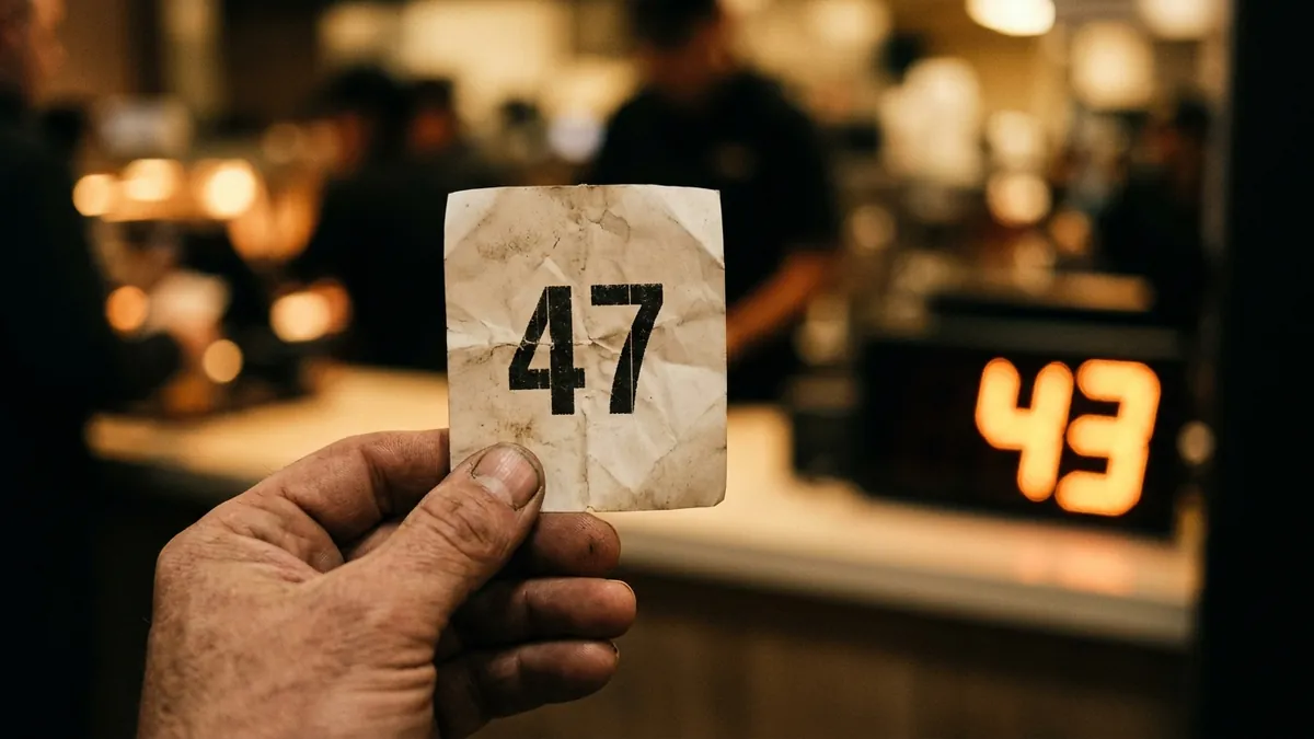 A creased paper queue ticket numbered 47 held up in front of a counter display showing 43