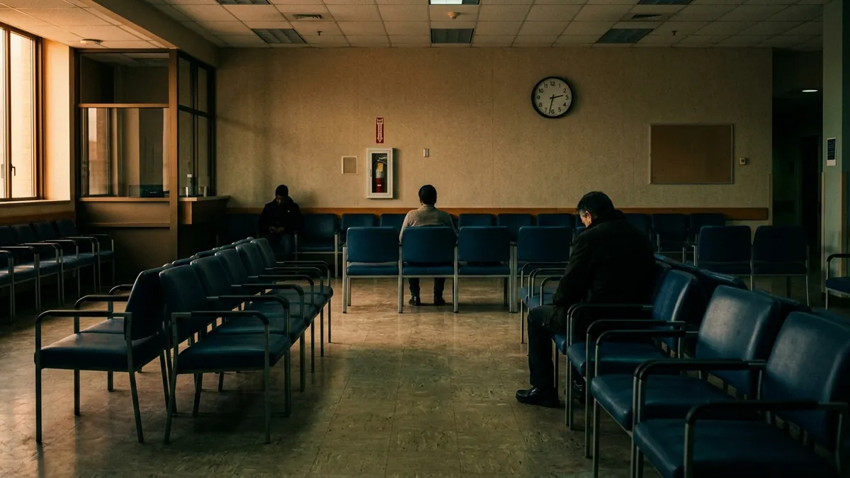 An institutional waiting room with rows of chairs and a few people sitting far apart