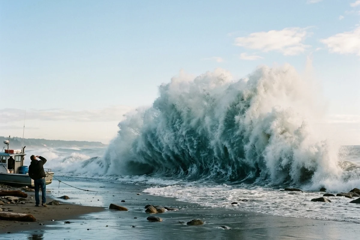 A dark unexpected wave breaking against a calm sky