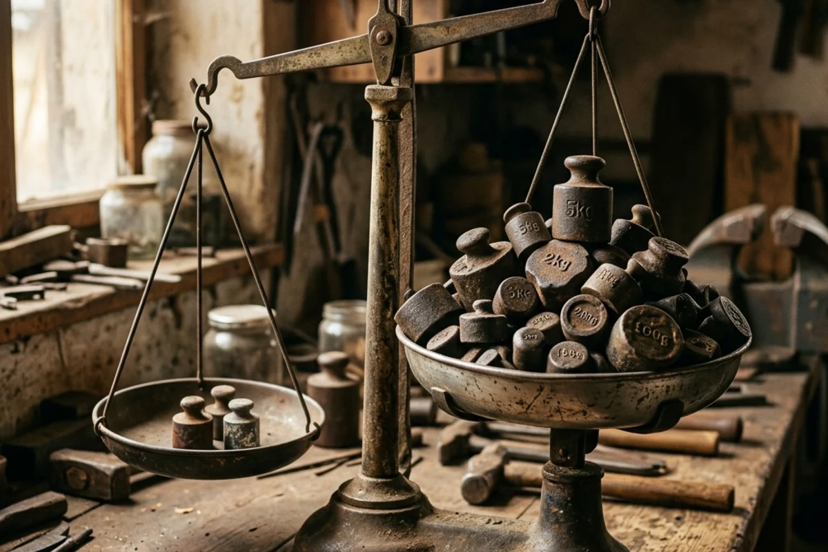 A balance scale with a small heavy weight on one side and many small weights on the other