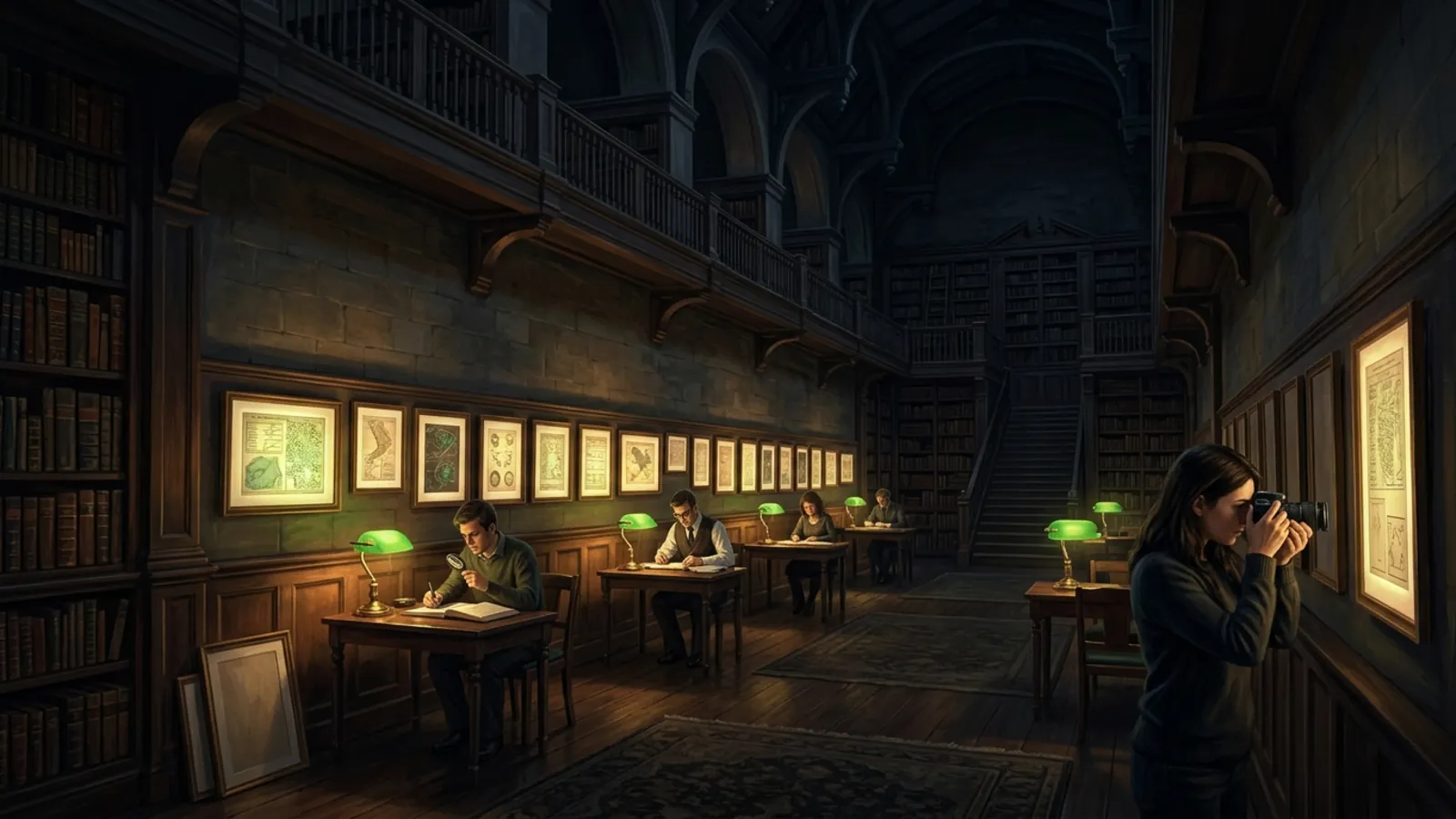 A night scene of a grand library where a small group of volunteers with desk lamps and magnifying glasses re-examine glowing framed results hanging on the walls, several frames already turned face to the wall
