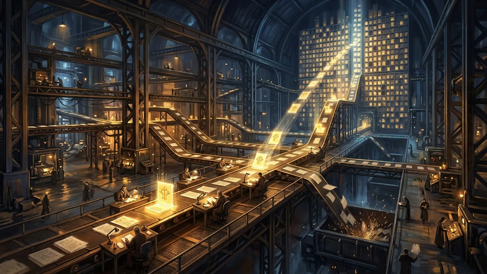 A vast luminous factory hall at night where pages of manuscripts move along conveyor belts between review desks, some pages stamped and rising toward a glowing archive, others falling into a shredder below