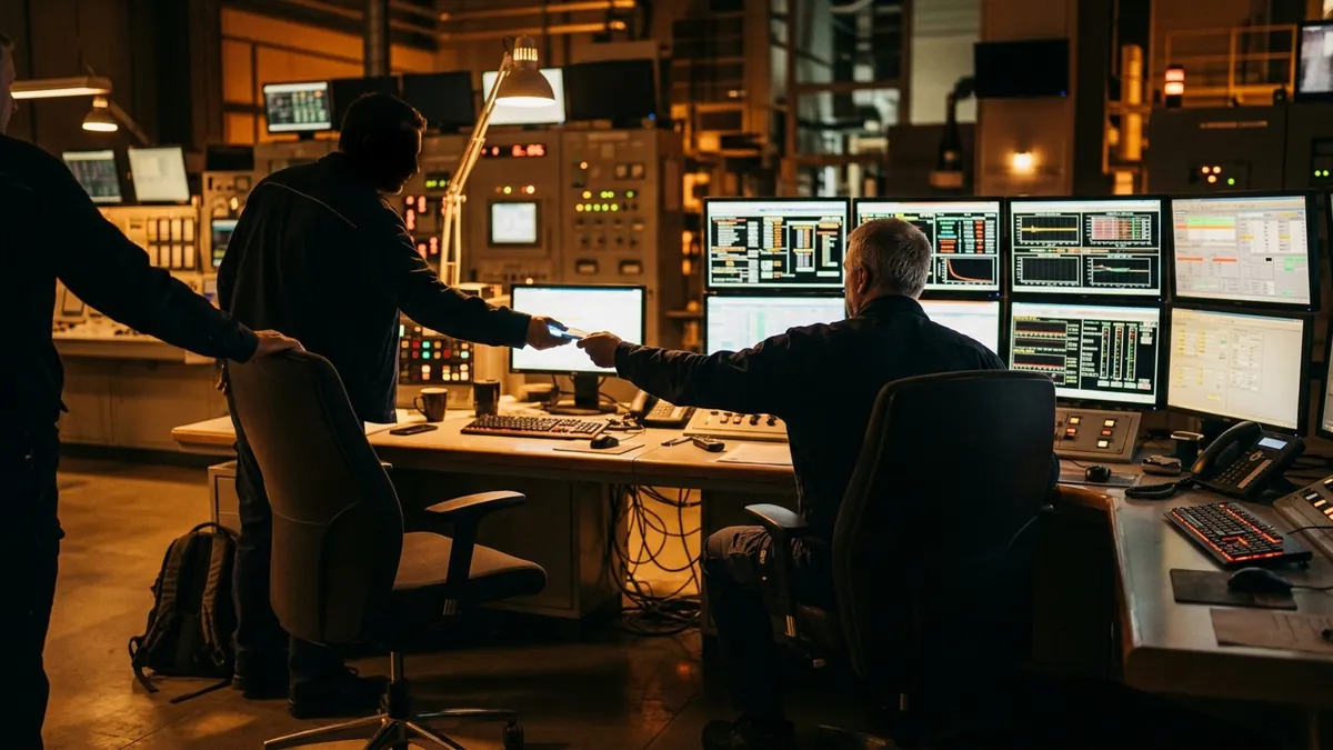 A control room at shift change, one operator seated at lit screens and another handing something over