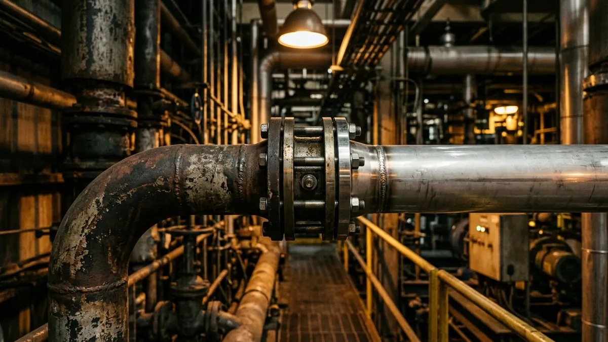 An old corroded pipe joined to a newer polished one by a bolted flange in an industrial plant