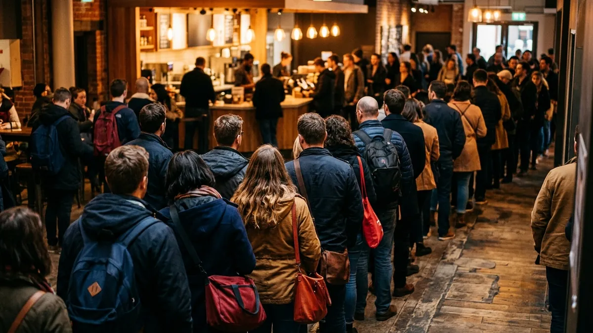 A long queue of people curving away from a service counter in a busy interior