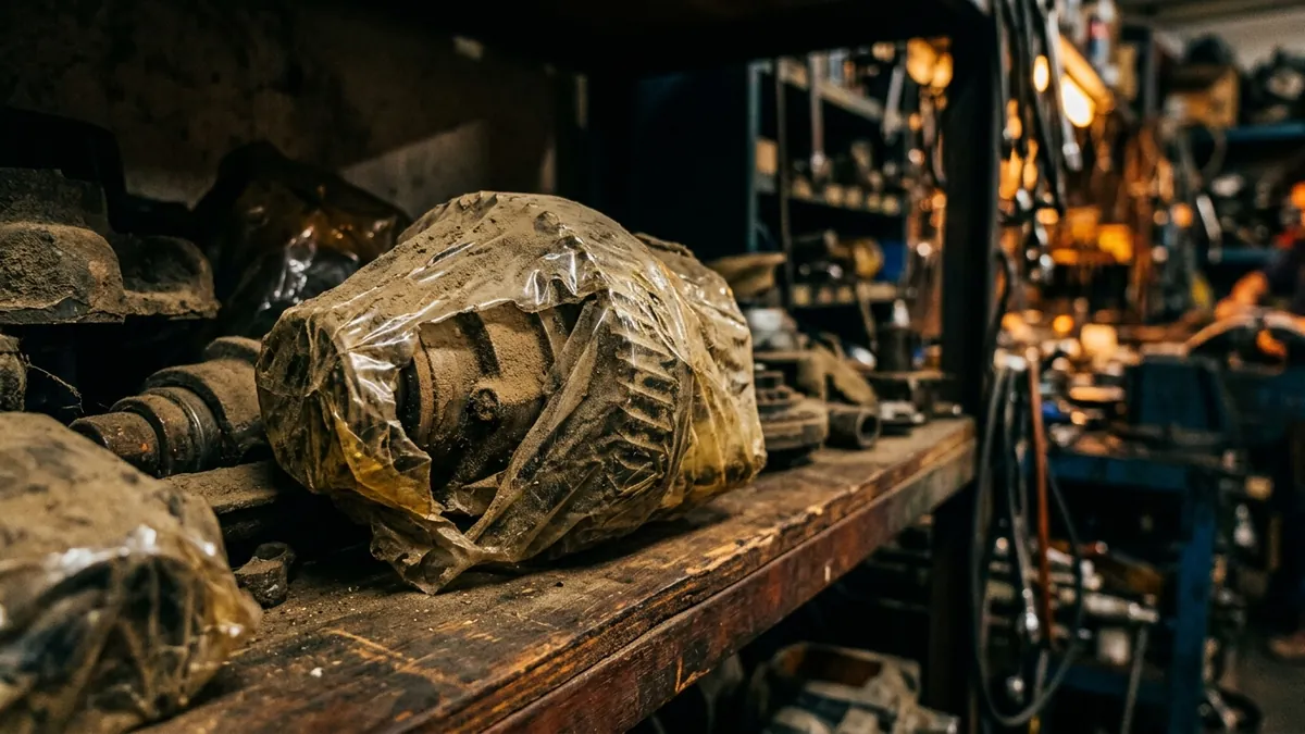 A wrapped and dusty spare part on a shelf in a working maintenance store