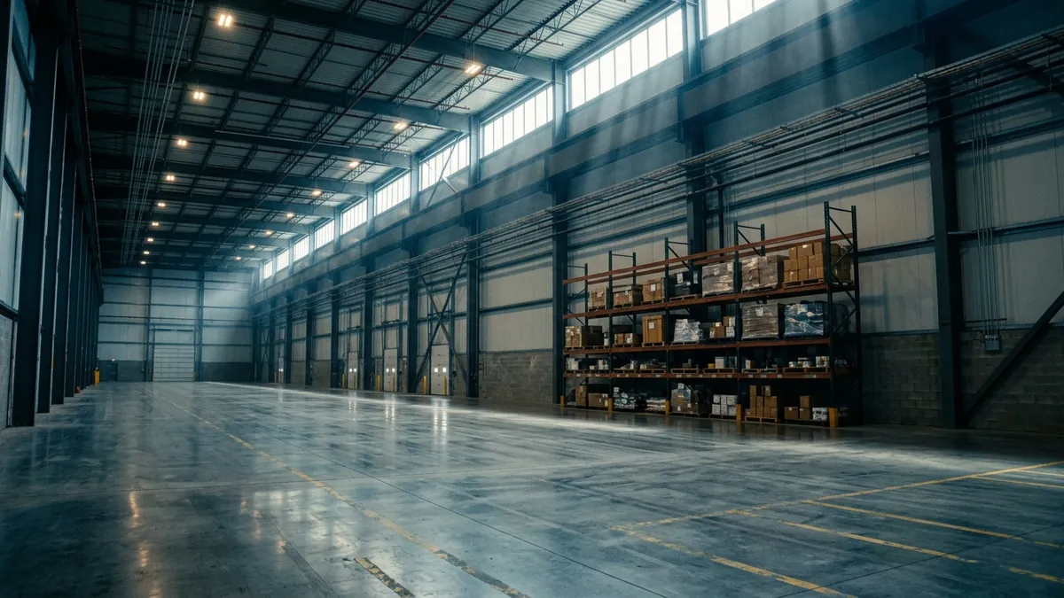 A large warehouse, almost empty, with stock on a single rack and daylight from high windows