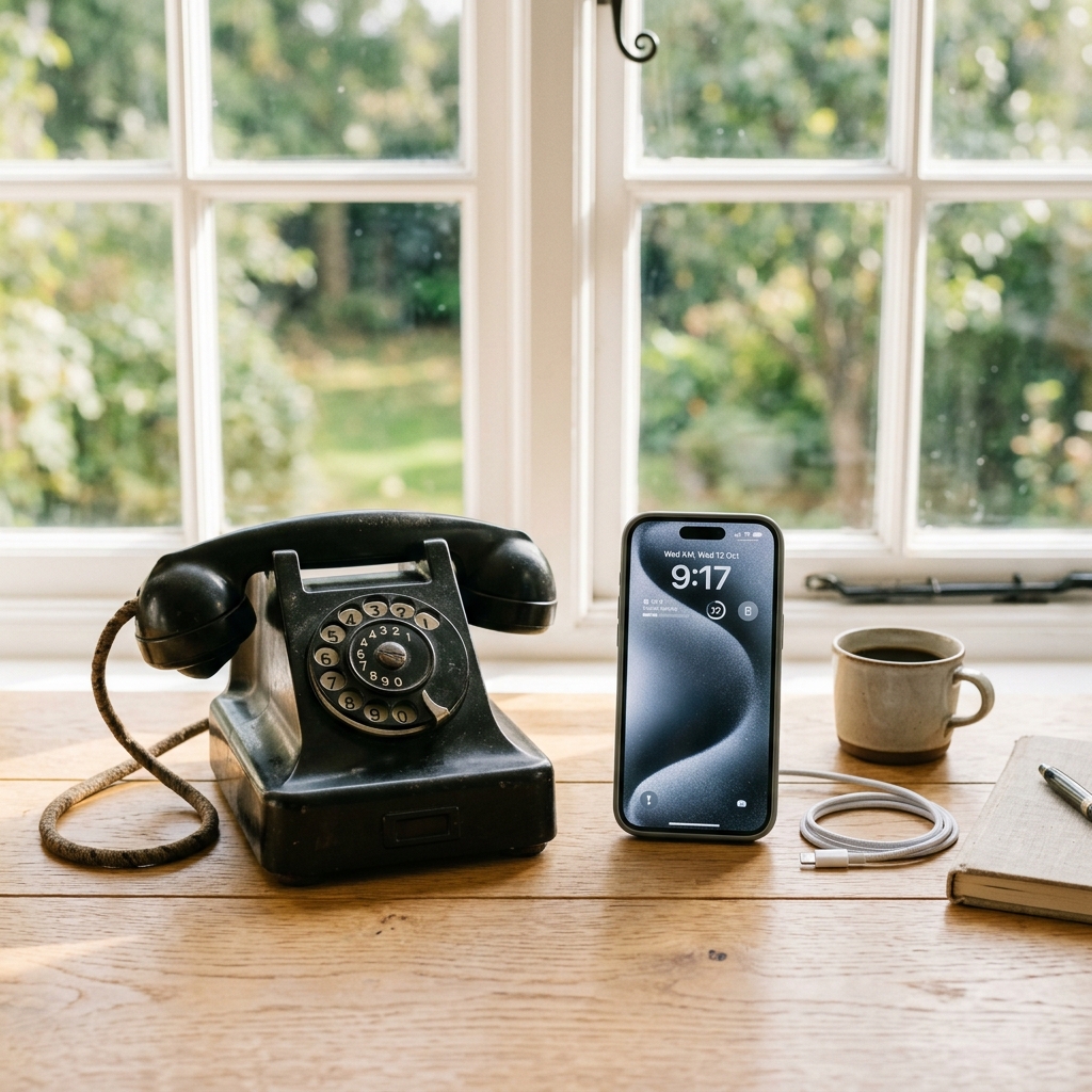 A rotary telephone next to a modern smartphone on a sunlit table