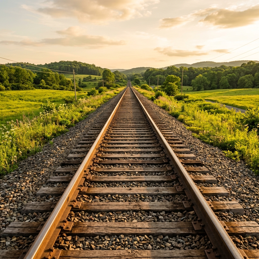 Railroad tracks stretching into the distance through green countryside