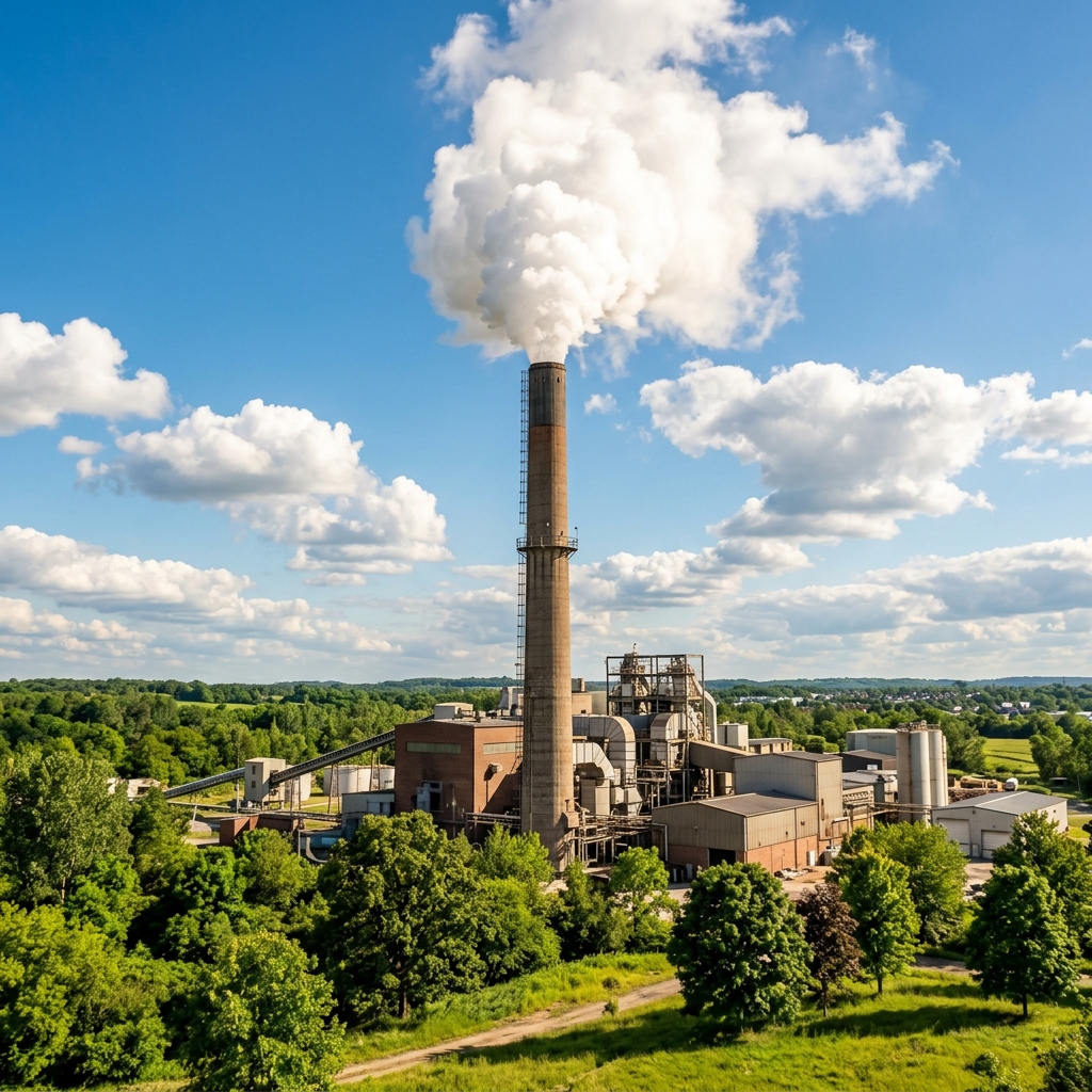 Industrial smokestack releasing steam into a bright blue sky with green surroundings