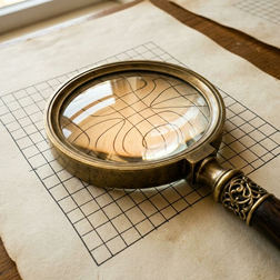 Magnifying glass distorting a grid pattern on a dark surface