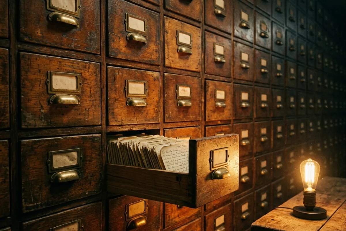 A wall of weathered file drawers in low warm light
