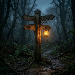 Wooden crossroads signpost against a moody dusk sky