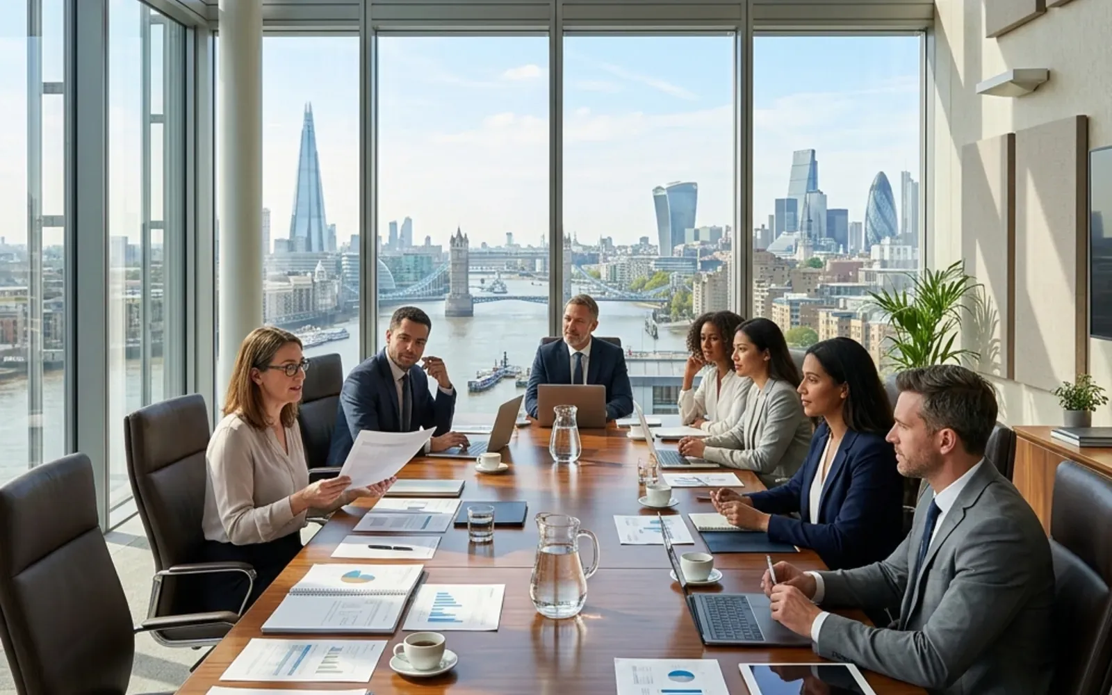 A boardroom meeting above a river city skyline