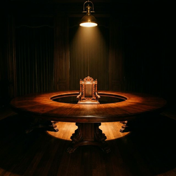 Round conference table with empty chairs under spotlight