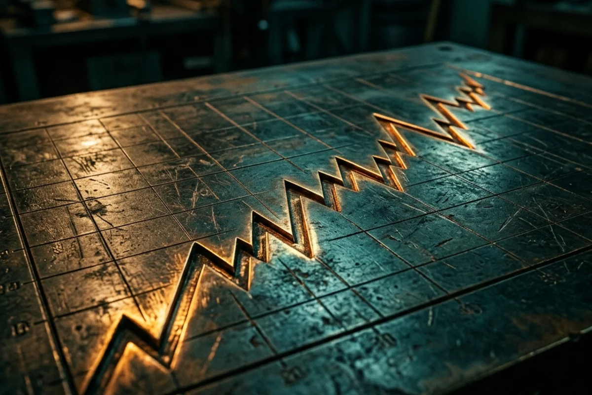 A rising line graph etched into dark bronze, lit warmly