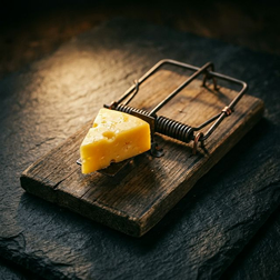 Classic mouse trap with cheese on dark wooden surface