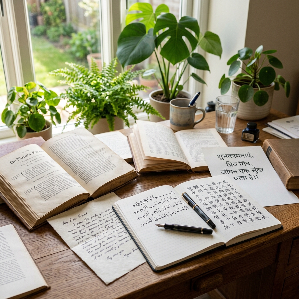 Open books in different scripts spread across a sunlit desk