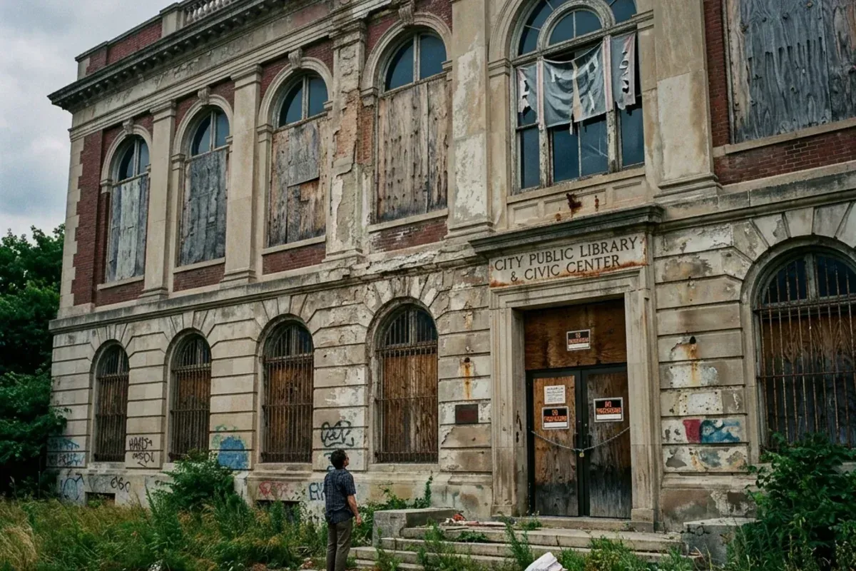 A derelict boarded-up civic building with one person looking at it